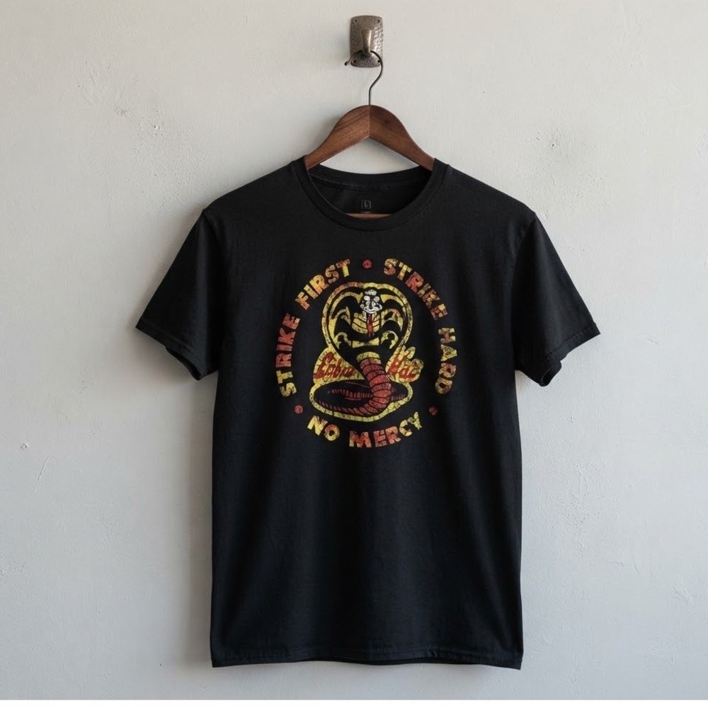 Cobra Kai Strike First Strike Hard No Mercy Graphic T-Shirt Large TV Streetwear